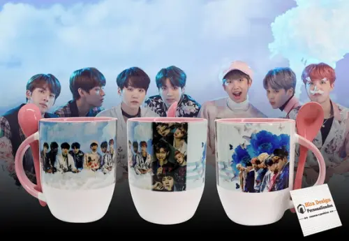 Caneca Rosa com Colher Personalizado - Grupo Coreano Bts