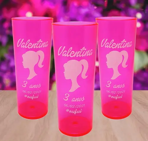 15 Copos Long Drink Rosa Neon Personalizado Boneca Barbie