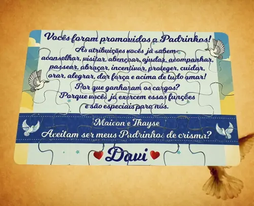 Kit 2 Quebra-cabeças Batizado Padrinho e Madrinha de Crisma
