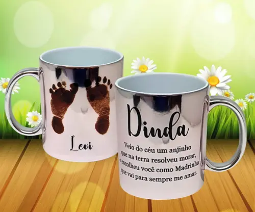 Caneca Cromada Rose Mensagem Dinda Madrinha de Batizado Bebê