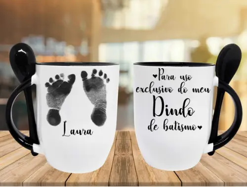 Caneca Preta Colher Dindo Padrinho Batizado Batismo Bebê