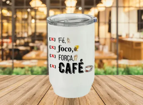 Copo Plástico Polímero Tampa Acrílico Fé, Foco, Força, Café