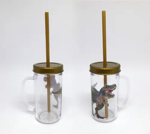 Copo Mini Mason Jar Dourado - Dinossauro T-Rex
