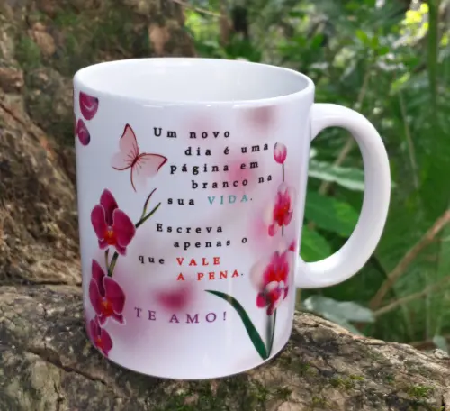 Caneca Branca Floral Personalizado com Mensagem Orquídea