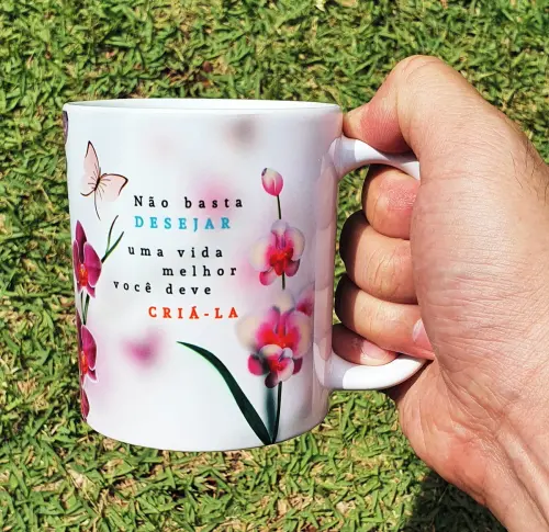Caneca Branca Floral Personalizado com Mensagem Orquídea