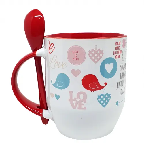 Caneca com Colher Vermelha Personalizada - Amor, Amiga