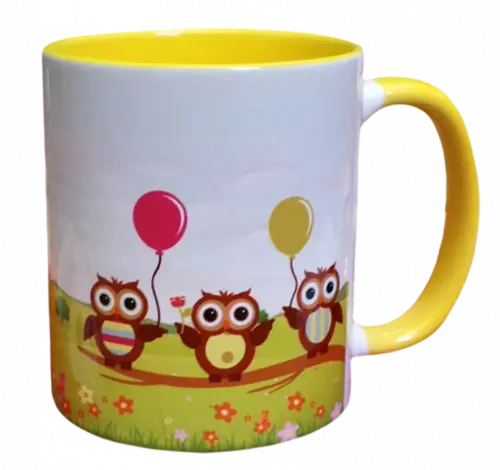 Caneca Amarela Personalizada Presente 3 Corujas Aniversário