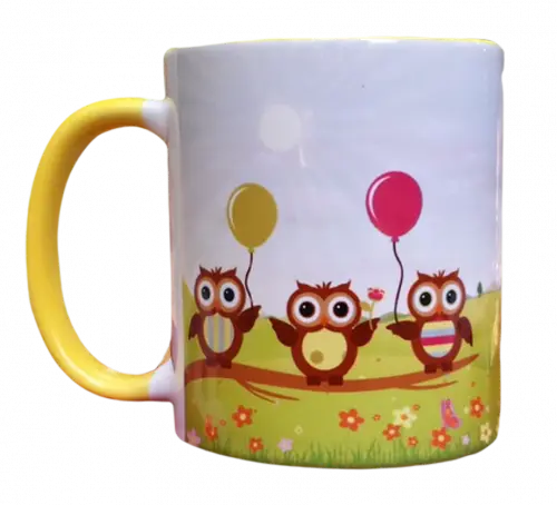 Caneca Amarela Personalizada Presente 3 Corujas Aniversário