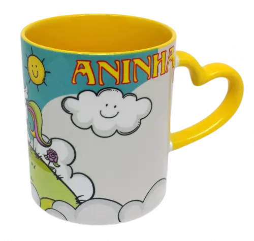 Caneca Alça Coração Amarela Personalizada de Unicórnio