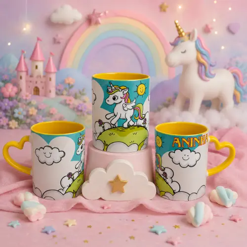 Caneca Alça Coração Amarela Personalizada de Unicórnio