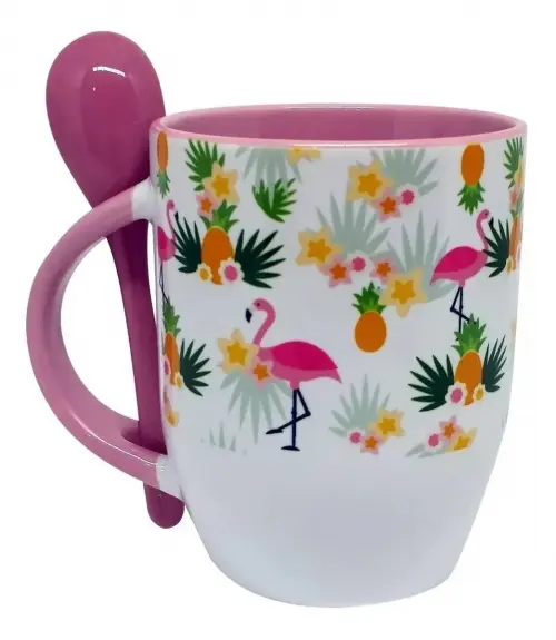 Caneca Rosa com Colher Personalizada - Abacaxi e Flamingo
