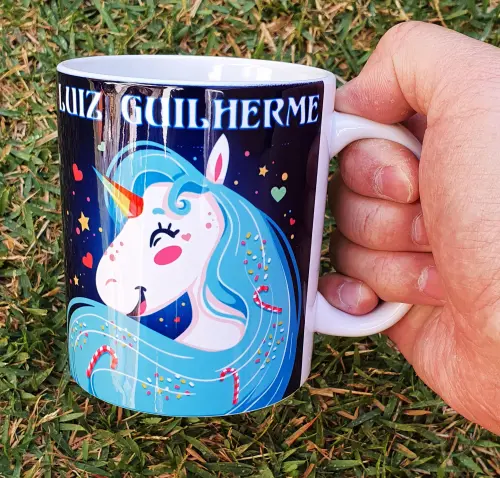 Caneca Branca Unicórnio Feliz Personalizada - com Nome
