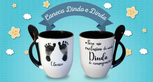 Caneca Preta com Colher Presente Batizado Madrinha / Dinda