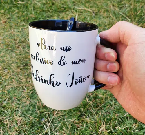 Caneca Preta com Colher Presente Batizado Madrinha / Dinda