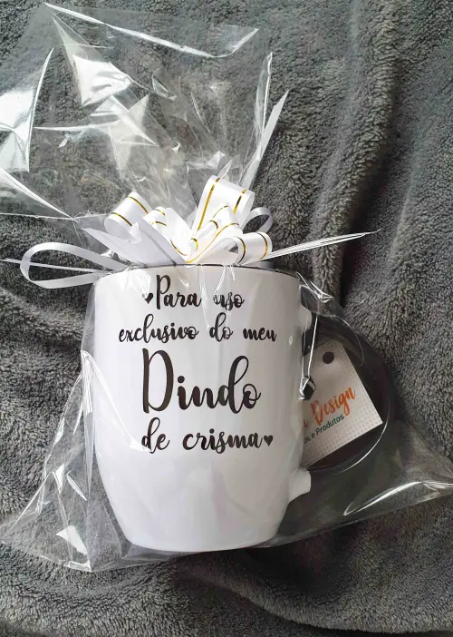 Caneca Preta com Colher Presente Batizado Madrinha / Dinda