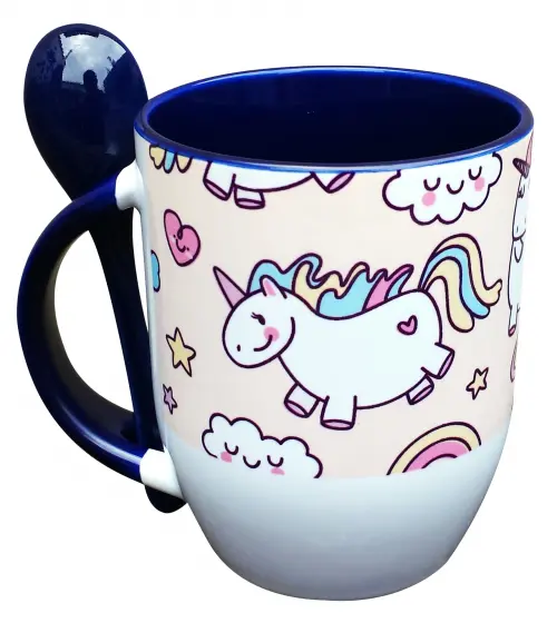 Caneca Azul com Collher Unicórnio Personalizado