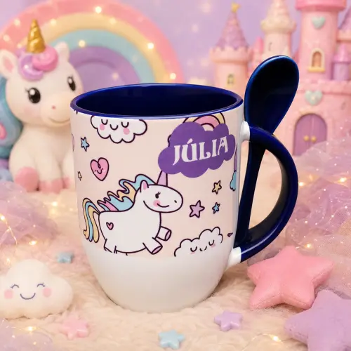 Caneca Azul com Collher Unicórnio Personalizado