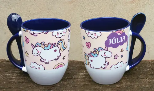 Caneca Azul com Collher Unicórnio Personalizado