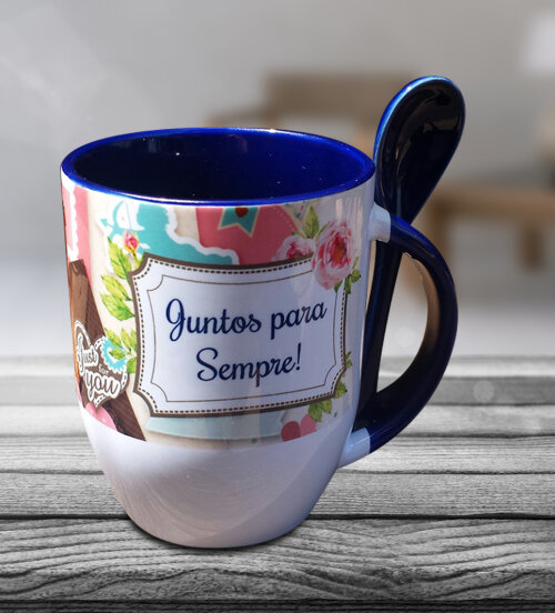 Caneca Azul Colher Personalizada - para Namorado e Namorada