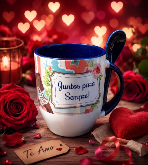 Caneca Azul Colher Personalizada - para Namorado e Namorada