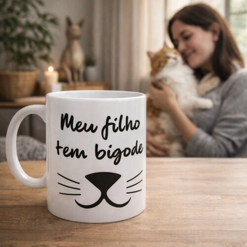 Caneca Branca Gato Personalizada - Meu Filho Tem Bigode