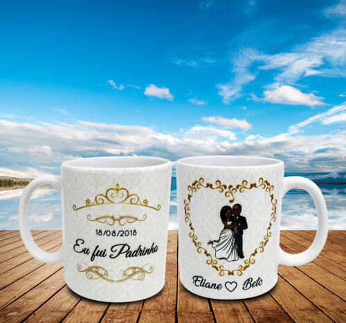 Caneca Branca Padrinho Personalizado - Casal Noivos Moreno