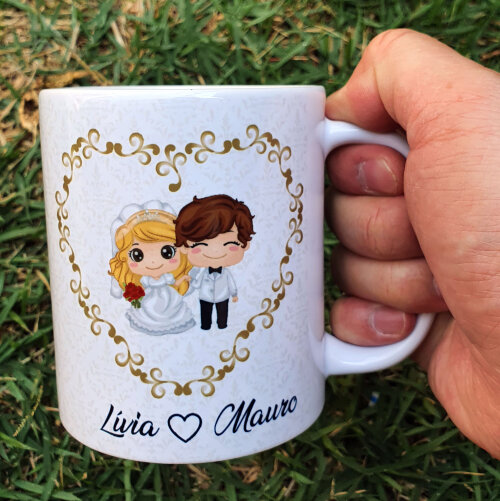 Caneca Branca Personalizada Casal Noivos Padrinhos Casamento