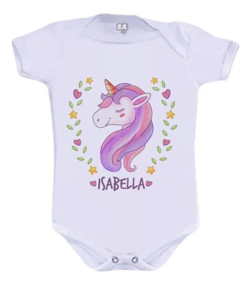 Body Baby Branca Personalizado Unicórnio Elegante (com Nome)
