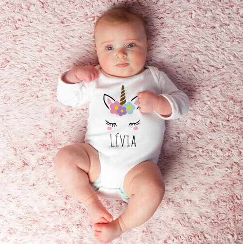 Body Baby Branco Personalizado de Unicórnio (com Nome)