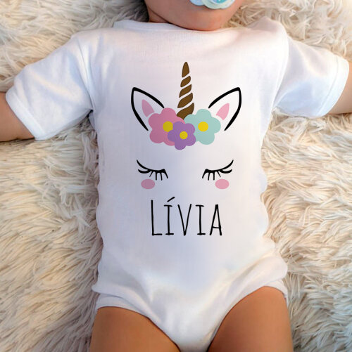 Body Baby Branco Personalizado de Unicórnio (com Nome)
