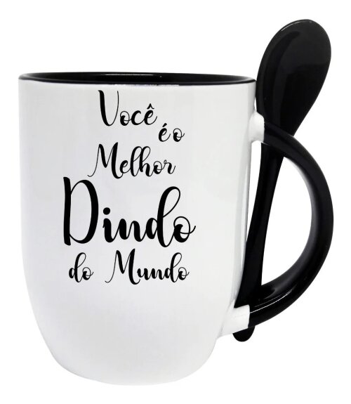 Caneca Preta com Colher Personalizada Melhor Dindo do Mundo