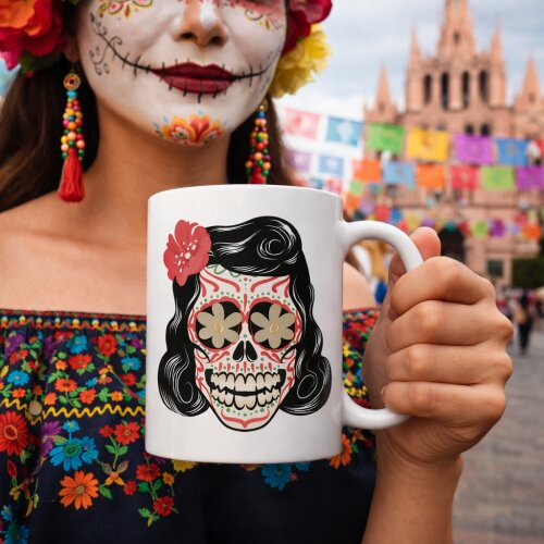 Caneca Branca Personalizada Caveira Mexicana Mulher