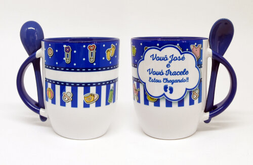 Caneca Azul Colher - Vovô e Vovó Estou Chegando