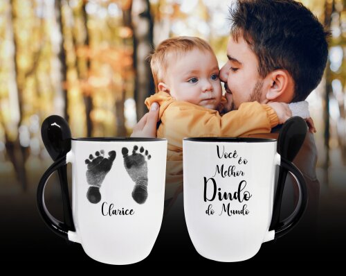 Caneca Preta com Colher Personalizado Melhor Dindo do Mundo