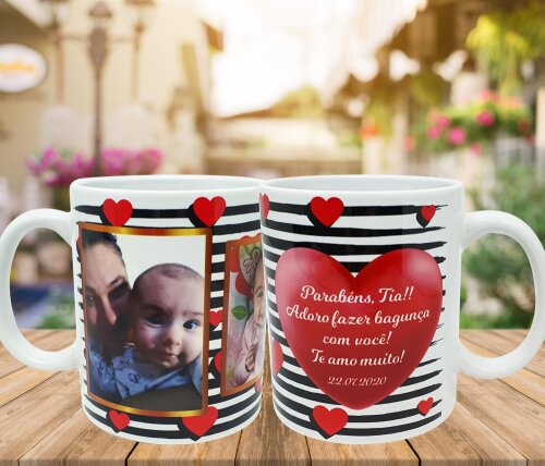 Caneca Branca Coração Amor Dinda Dindo Tia Titia Tio Titio