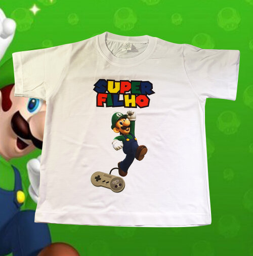 Camiseta Branca Infantil Super Filho Luigi Super Mario Bros