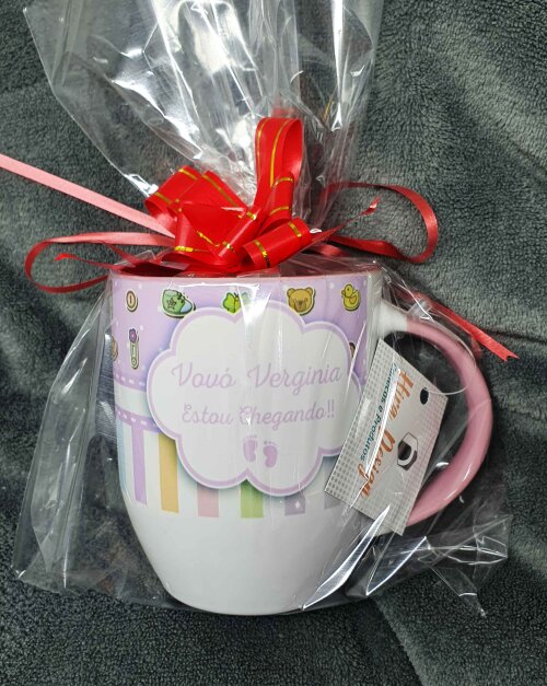 Caneca Colher Rosa Personalizada Mimo Vovó Estou Chegando