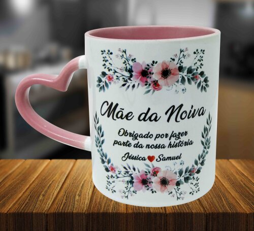 Caneca Alça de Coração Rosa - Mãe da Noiva Casamento