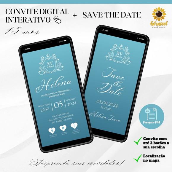 Convite 15 Anos Interativo + Save The Date Azul Turquesa