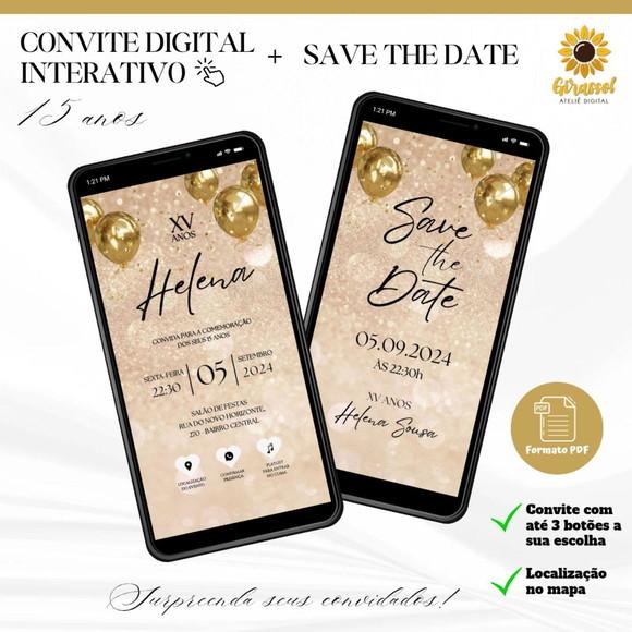 Convite 15 Anos Interativo + Save The Date Dourado