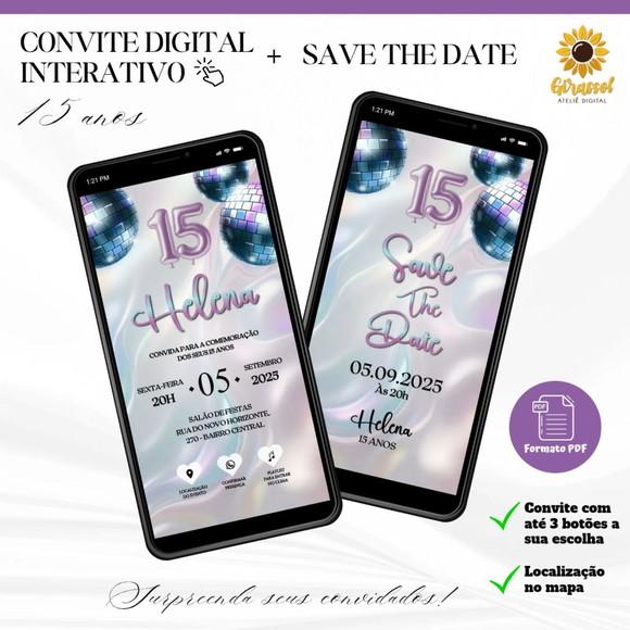 Convite 15 Anos Interativo + Save The Date Lilás Disco