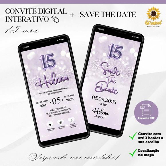 Convite 15 Anos Interativo + Save The Date Lilás Glitter