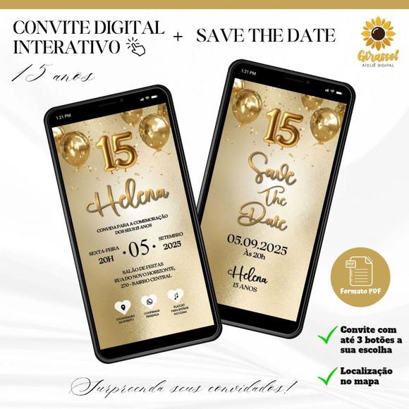 Convite 15 Anos Interativo + Save The Date Dourado 2