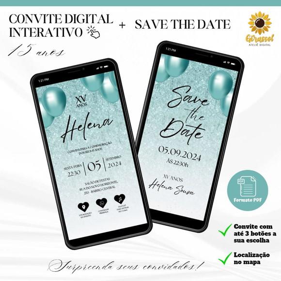 Convite 15 Anos Interativo + Save The Date Verde Glitter