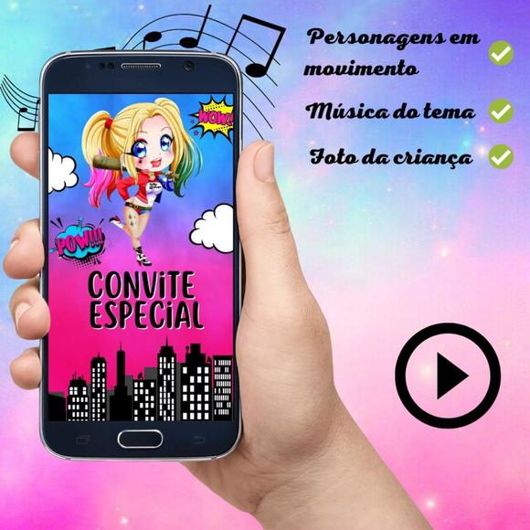 Convite Animado Arlequina Cute (com Foto)