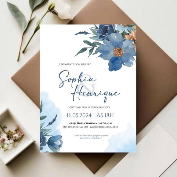 Convite de Casamento Floral Azul (arte para Imprimir)