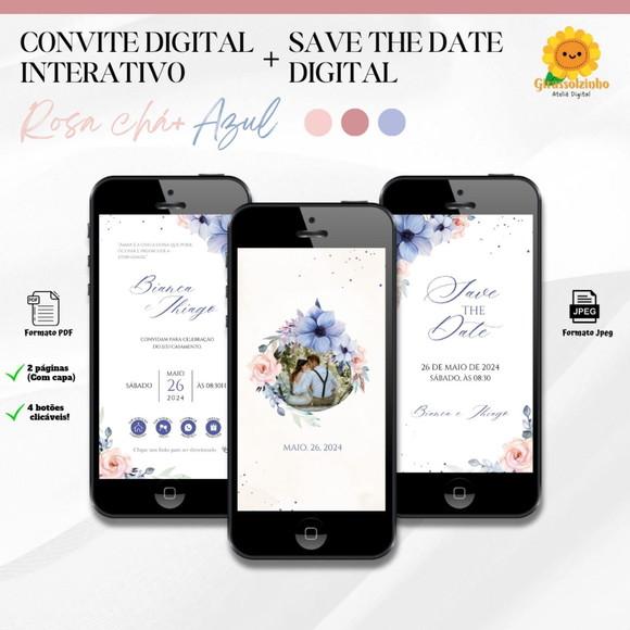 Convite de Casamento Interativo Azul e Rose + Save The Date