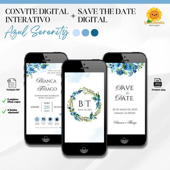 Convite de Casamento Interativo Azul + Save The Date