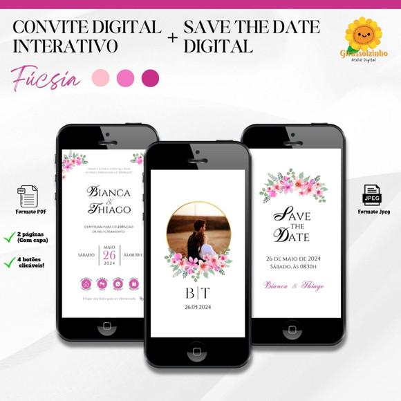 Convite de Casamento Interativo Fucsia + Save The Date