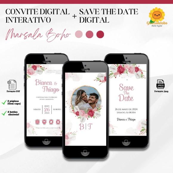 Convite de Casamento Interativo Marsala Boho + Save The Date